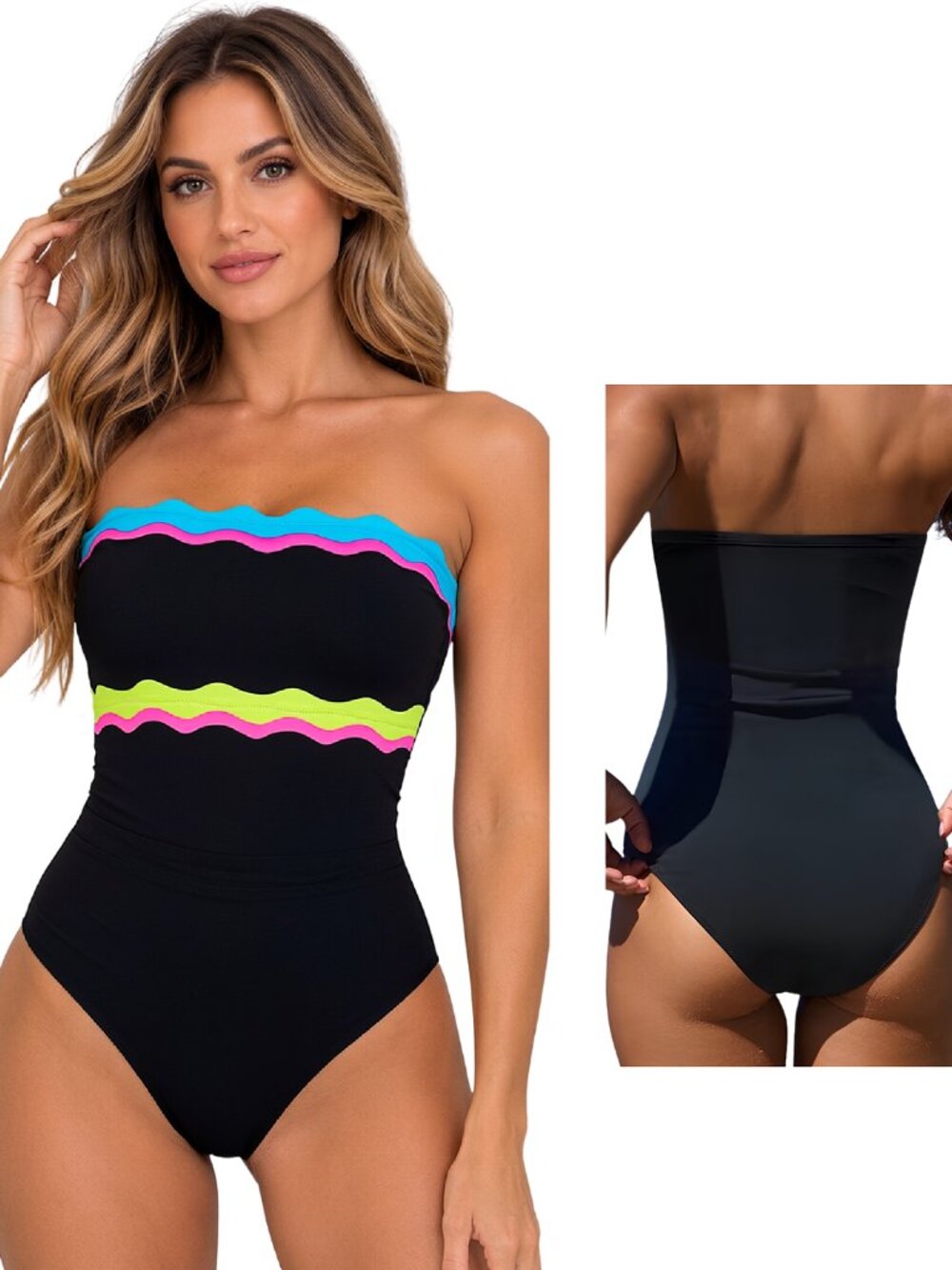 POPVIL Medium Black Neon Scallop Strapless Tummy Control One Piece Swimsuit NWT